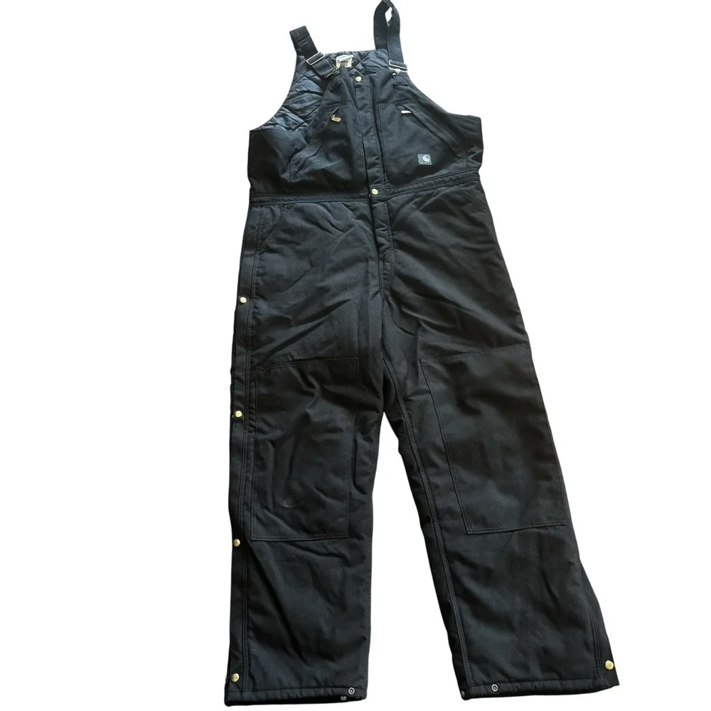 Carhartt Bib Overalls Mens Black Insulated Canvas Workwear Quilt Lined 40x32